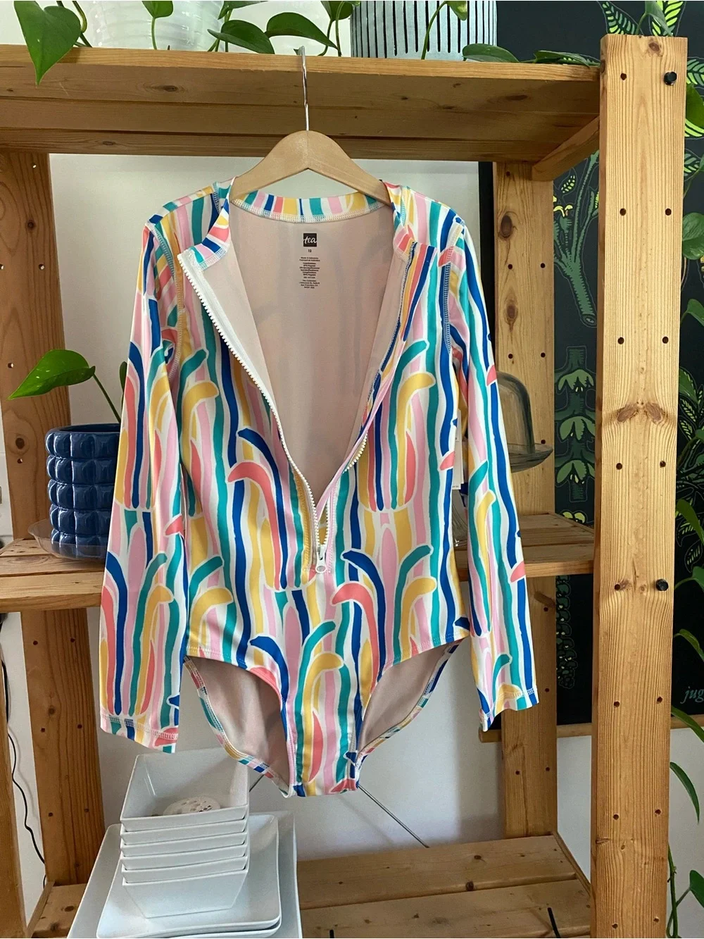 Tea Collection Rainbow Stripe Print Long Sleeve Rashguard One Piece Swimsuit 12